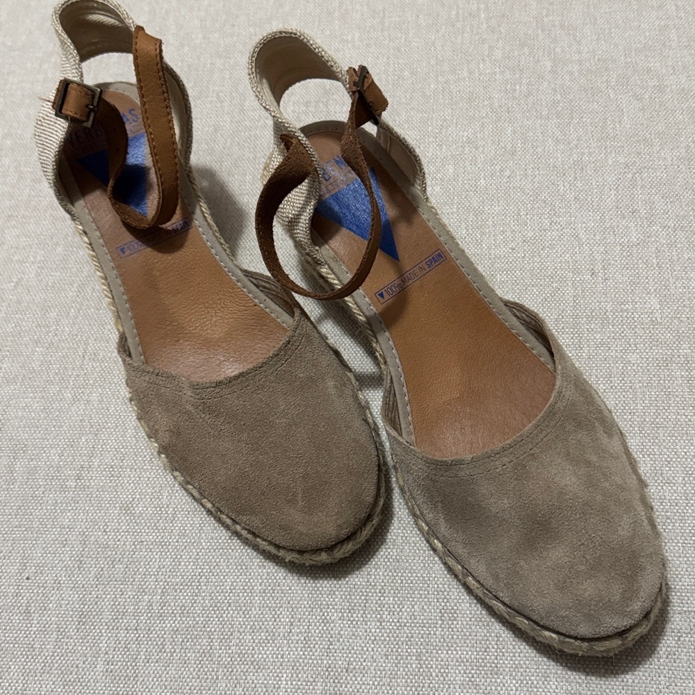 Verbenas Malena Leather Espadrille Wedge Sandal-Taupe-Sz 39-Ankle Strap-GUC - Picture 2 of 16